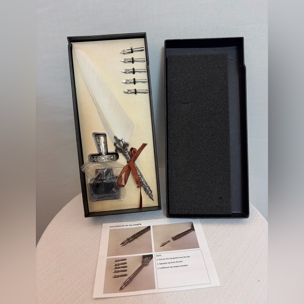 Gift Box Feather Dip Pen Calligraphy Set w Ink Bottle Nibs Writing(F110)”✨?